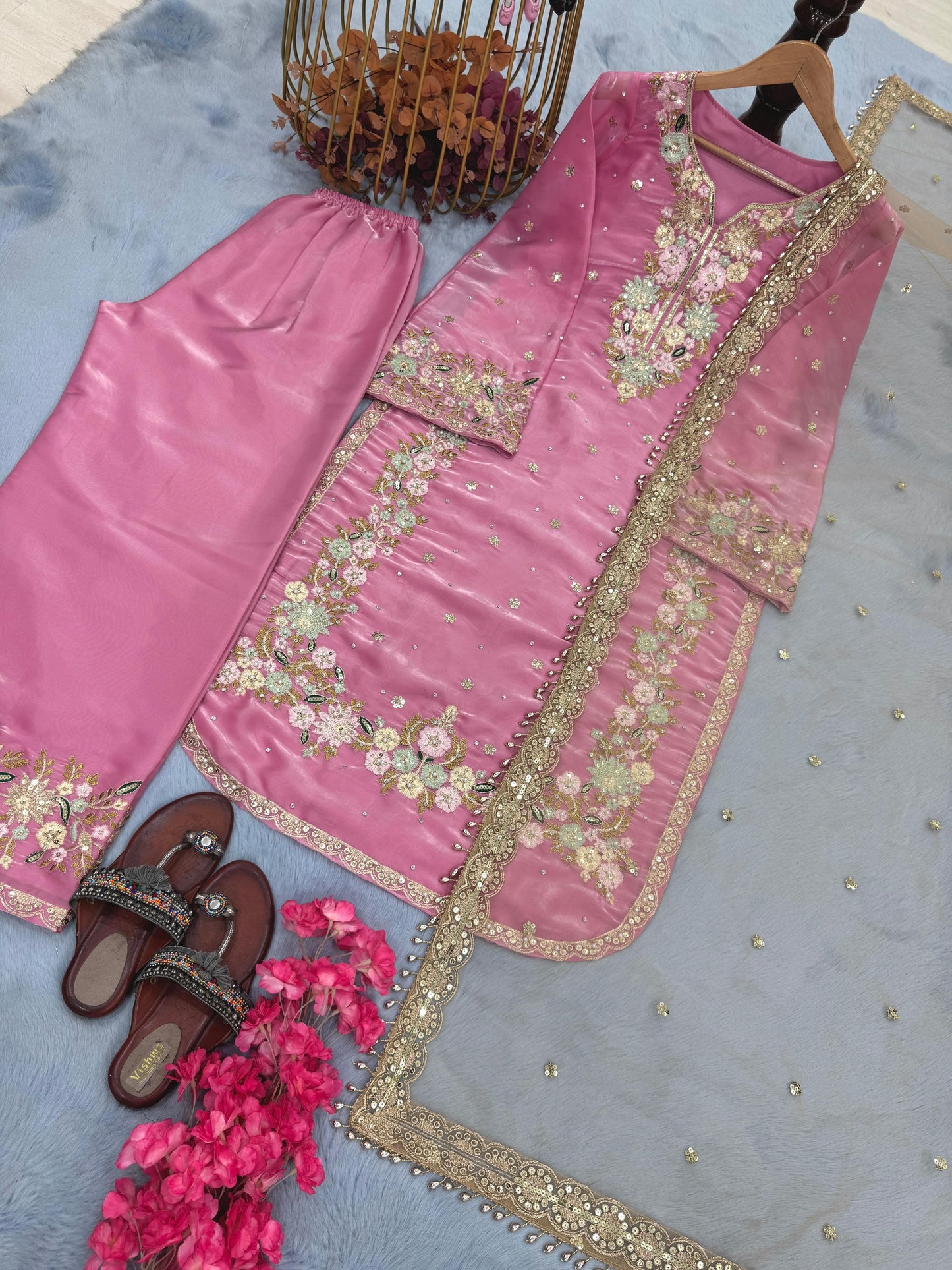 Đěsigner Party Wear Look Pur Chinon Silk Top Plazzo & Dupatta Set