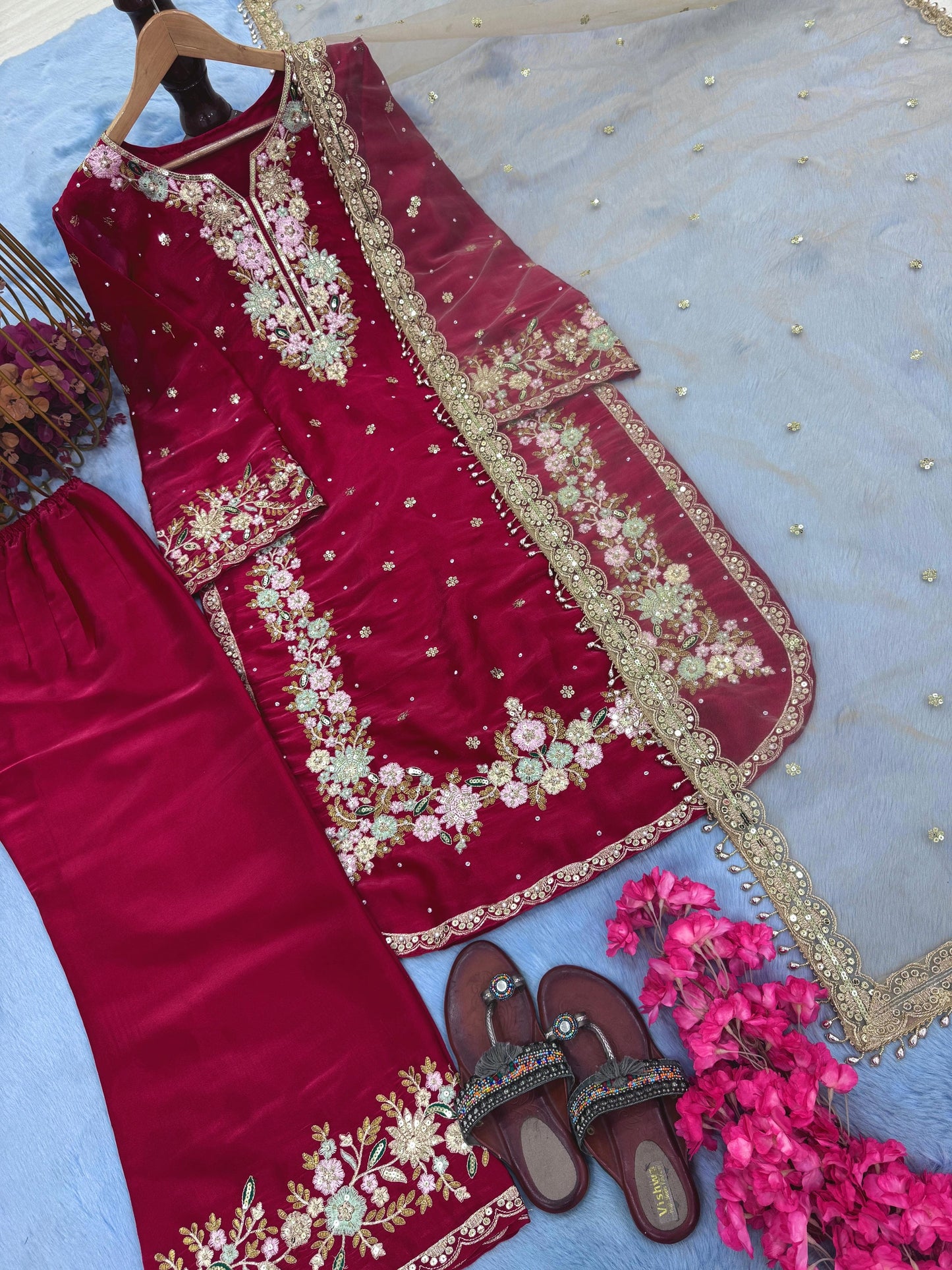 Đěsigner Party Wear Look Pur Chinon Silk Top Plazzo & Dupatta Set