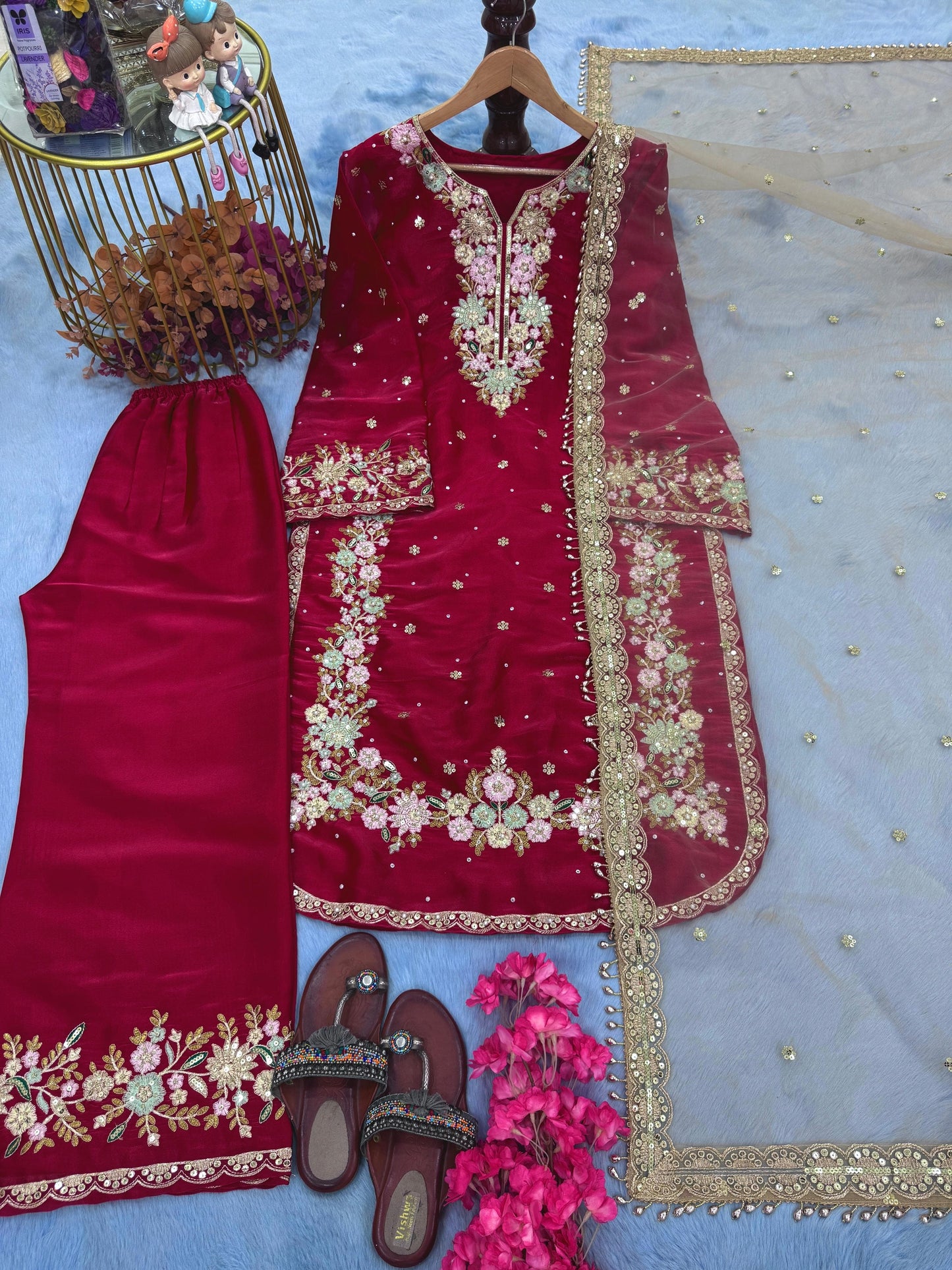 Đěsigner Party Wear Look Pur Chinon Silk Top Plazzo & Dupatta Set