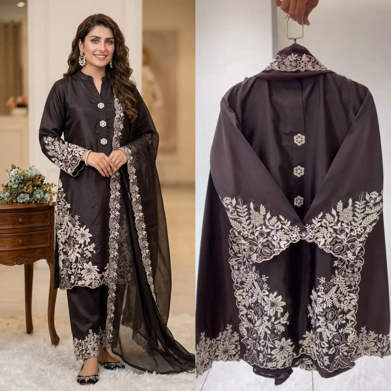 SUMMER SEASON WEAR PAKISTANI SUIT WITH EMBROIDERED WORKED TOP, PLAZZO AND DUPATTA