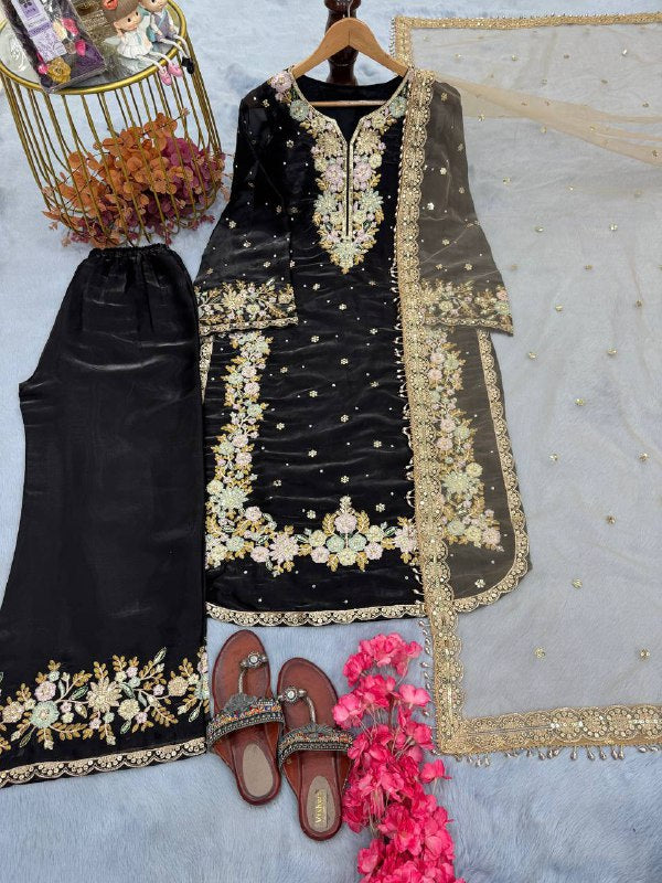 Đěsigner Party Wear Look Pur Chinon Silk Top Plazzo & Dupatta Set
