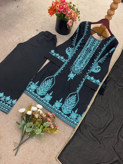 Designer Party Wear Look Top-Pent and Dupatta With Heavy Embroidery Work