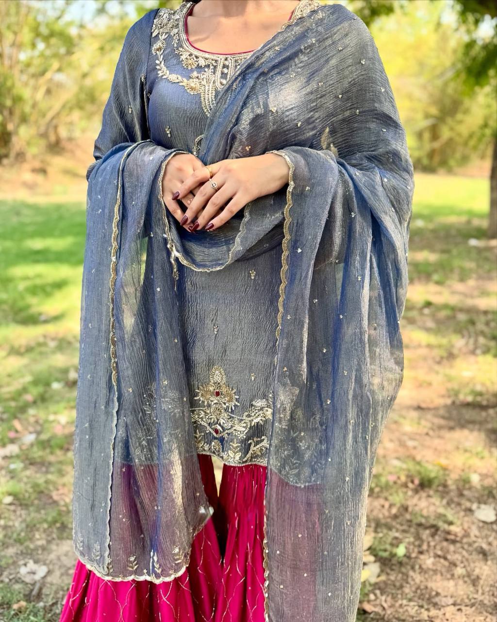 DESIGNER AND ELEGANCE SARARA SUIT IN THREE PIECE WITH EMBROIDERY WORK
