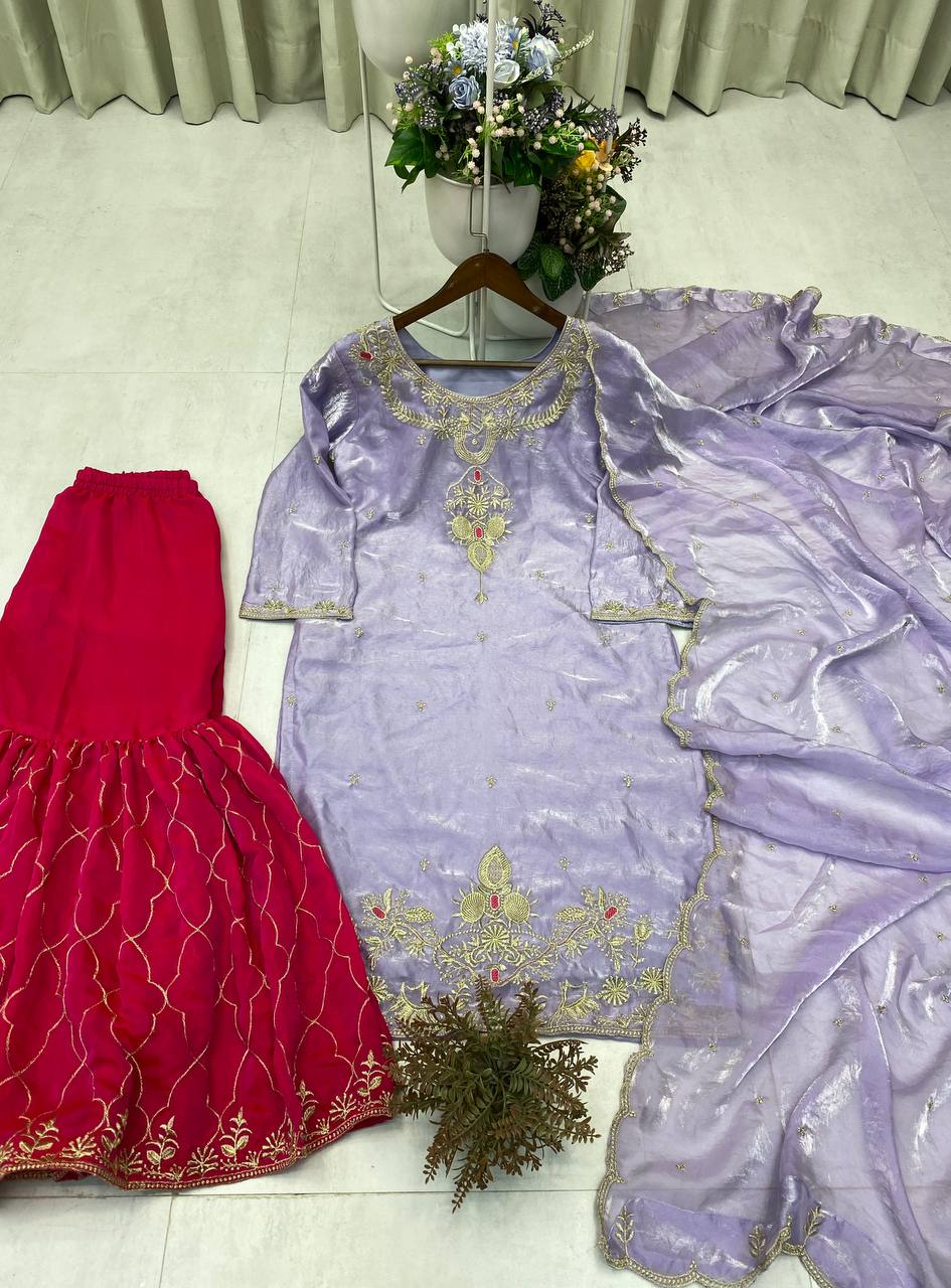 DESIGNER AND ELEGANCE SARARA SUIT IN THREE PIECE WITH EMBROIDERY WORK
