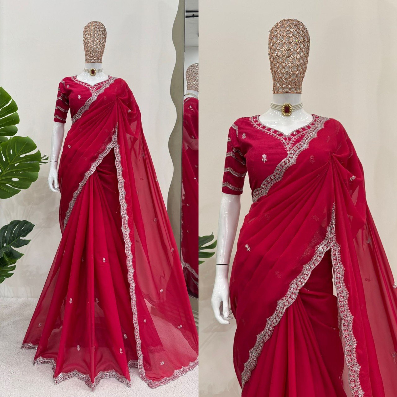 Looking some one for this same colour beautiful Designer Saree on Havy Tibby Silk Febric with Thred & Sequnce work and blouse on Mono Benglori Silk Febric with Thred & Sequnce work.