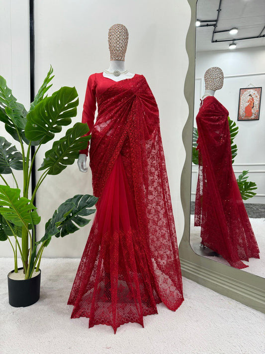 Looking some one for this same colour beautiful Designer Saree on Soft Net Febric with Thred & Sequnce work and Blouse on Mono benglori silk febric