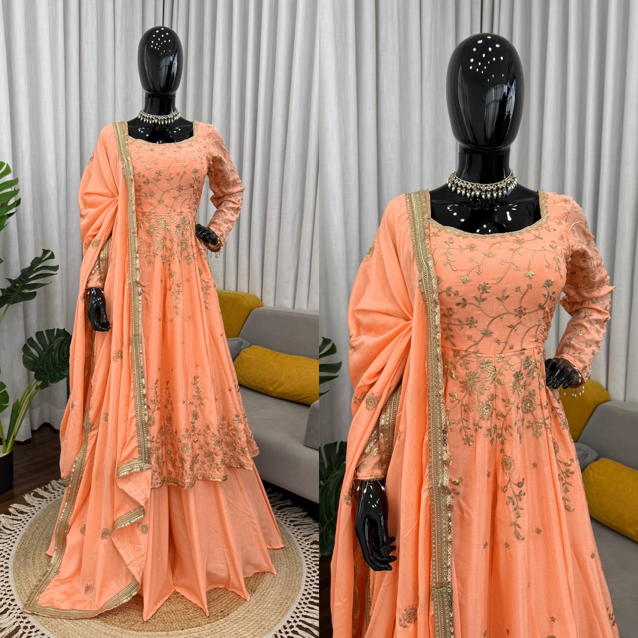 Designer Gown with Lehngha Set – Elegant Ethnic Wear ✨ 🎀 Crafted in Classy Tones with Premium Fabric & Detailing