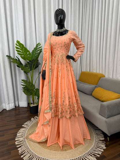 Designer Gown with Lehngha Set – Elegant Ethnic Wear ✨ 🎀 Crafted in Classy Tones with Premium Fabric & Detailing