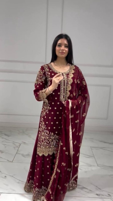 New Premium Quality With Embroidery Sequence Worked Top-Plazzo And Dupatta Set Fully Stitched Ready To Wear