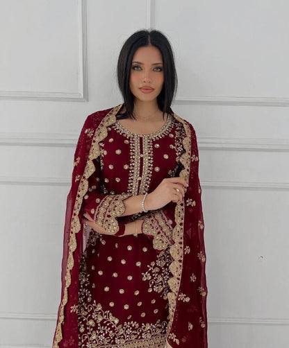 New Premium Quality With Embroidery Sequence Worked Top-Plazzo And Dupatta Set Fully Stitched Ready To Wear