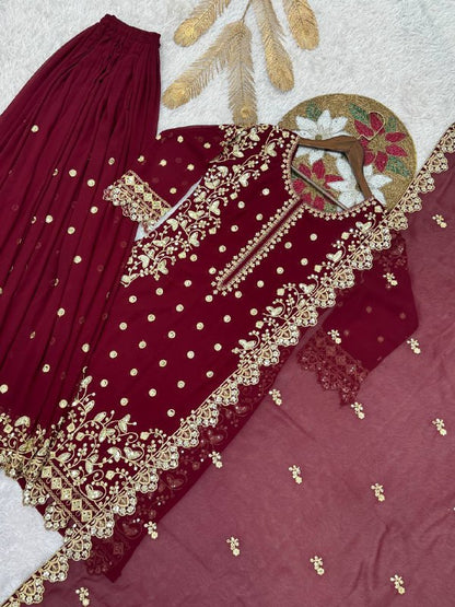 New Premium Quality With Embroidery Sequence Worked Top-Plazzo And Dupatta Set Fully Stitched Ready To Wear