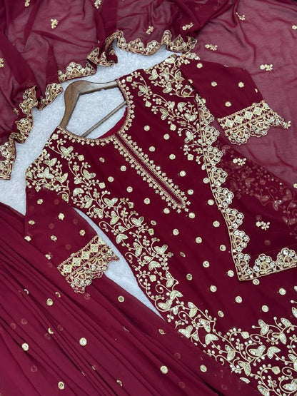 New Premium Quality With Embroidery Sequence Worked Top-Plazzo And Dupatta Set Fully Stitched Ready To Wear