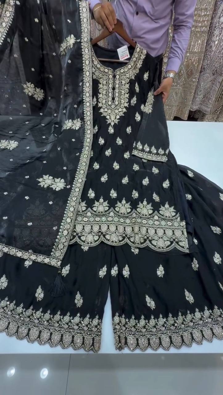 DESIGNER AND ELEGANCE PLEATED PLAZZO SUIT IN THREE PIECE WITH EMBROIDERY WORK