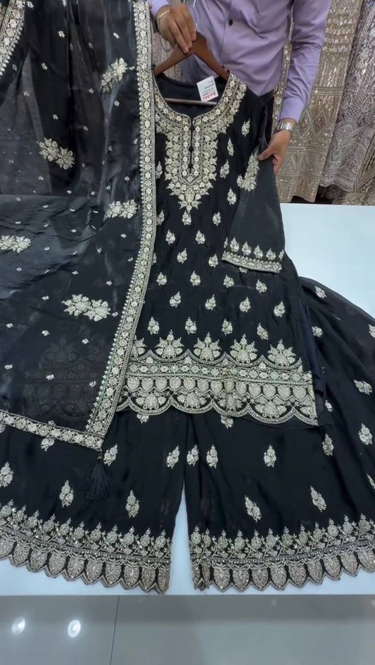 DESIGNER AND ELEGANCE PLEATED PLAZZO SUIT IN THREE PIECE WITH EMBROIDERY WORK