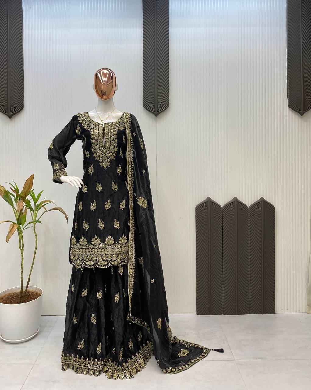 DESIGNER AND ELEGANCE PLEATED PLAZZO SUIT IN THREE PIECE WITH EMBROIDERY WORK