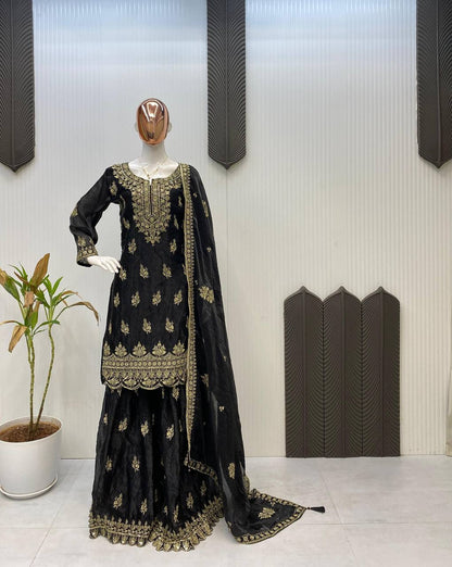 DESIGNER AND ELEGANCE PLEATED PLAZZO SUIT IN THREE PIECE WITH EMBROIDERY WORK