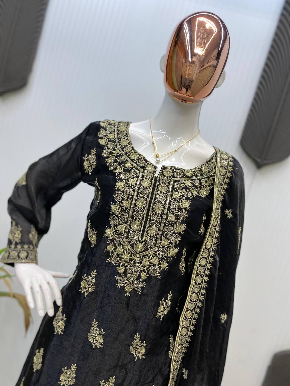 DESIGNER AND ELEGANCE PLEATED PLAZZO SUIT IN THREE PIECE WITH EMBROIDERY WORK