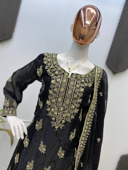 DESIGNER AND ELEGANCE PLEATED PLAZZO SUIT IN THREE PIECE WITH EMBROIDERY WORK
