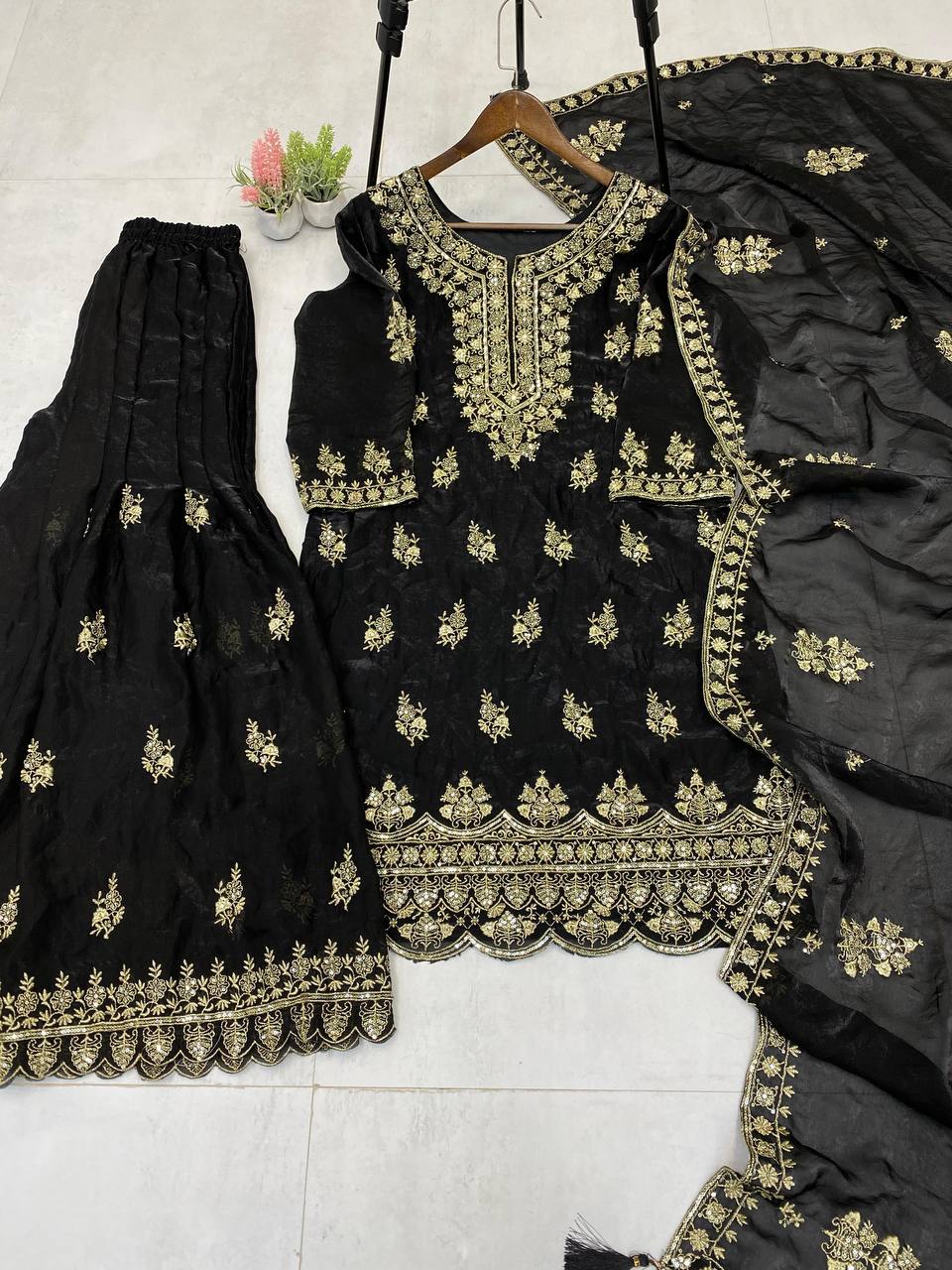DESIGNER AND ELEGANCE PLEATED PLAZZO SUIT IN THREE PIECE WITH EMBROIDERY WORK
