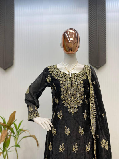 DESIGNER AND ELEGANCE PLEATED PLAZZO SUIT IN THREE PIECE WITH EMBROIDERY WORK