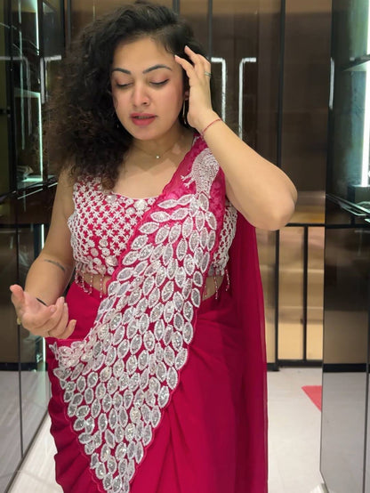 NEW SUPERHIT TRENDING READY TO WEAR SAREE WITH FULLY EMBROIDERED STYLIST BLOUSE ON  FAUX GEORGETTE FABRIC
