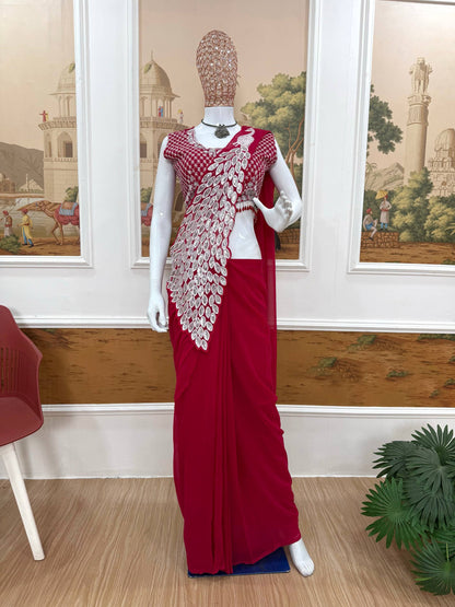NEW SUPERHIT TRENDING READY TO WEAR SAREE WITH FULLY EMBROIDERED STYLIST BLOUSE ON  FAUX GEORGETTE FABRIC