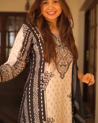 NEW READY TO WEAR COLLECTION FANCY DESIGN WITH DIGITAL PRINTED A-LINE TOP- PLAZZO WITH  DUPATTA
