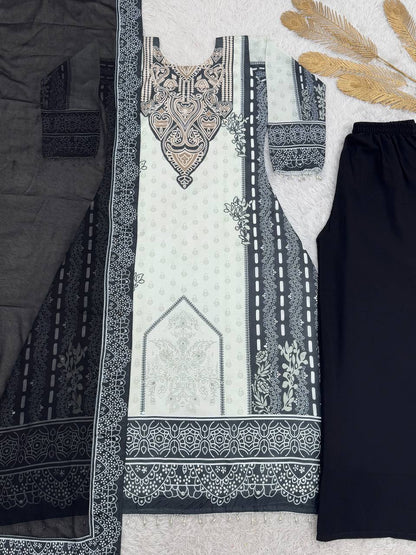 NEW READY TO WEAR COLLECTION FANCY DESIGN WITH DIGITAL PRINTED A-LINE TOP- PLAZZO WITH  DUPATTA