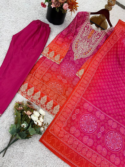 Presenting New Designer Collection In Pure Natural Crep With Heavy Embroidery Coding Dori-Sequence Work Top-Bottom And Dupatta Set Fully Stitched Ready To Wear