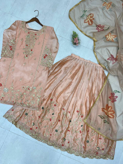 EXCLUSIVE DESIGNER HEAVY CHINON WITH SEQUANCE EMBROIDERY WORK SUIT WITH FULL FLAIR SEQUENCE EMBROIDERED LAHENGA