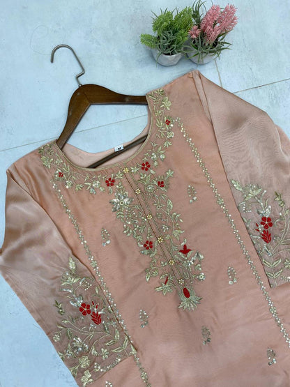 EXCLUSIVE DESIGNER HEAVY CHINON WITH SEQUANCE EMBROIDERY WORK SUIT WITH FULL FLAIR SEQUENCE EMBROIDERED LAHENGA