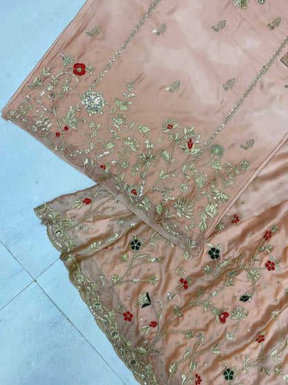 EXCLUSIVE DESIGNER HEAVY CHINON WITH SEQUANCE EMBROIDERY WORK SUIT WITH FULL FLAIR SEQUENCE EMBROIDERED LAHENGA