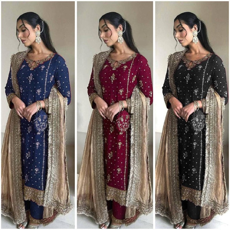 FANCY FAUX GEORGETTE WITH SEQUENCE EMBROIDERED AND ORIGINAL MOTTI HANDMADE WORK TOP AND PENT WITH DUPATTA