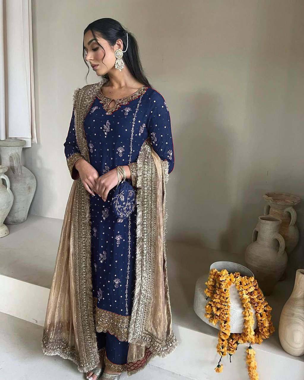 FANCY FAUX GEORGETTE WITH SEQUENCE EMBROIDERED AND ORIGINAL MOTTI HANDMADE WORK TOP AND PENT WITH DUPATTA