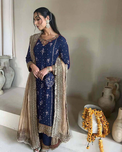 FANCY FAUX GEORGETTE WITH SEQUENCE EMBROIDERED AND ORIGINAL MOTTI HANDMADE WORK TOP AND PENT WITH DUPATTA