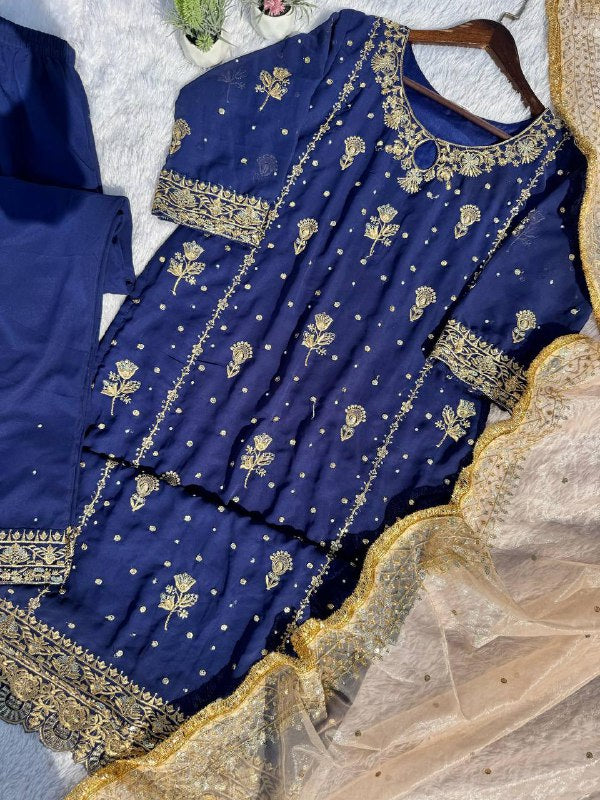 FANCY FAUX GEORGETTE WITH SEQUENCE EMBROIDERED AND ORIGINAL MOTTI HANDMADE WORK TOP AND PENT WITH DUPATTA