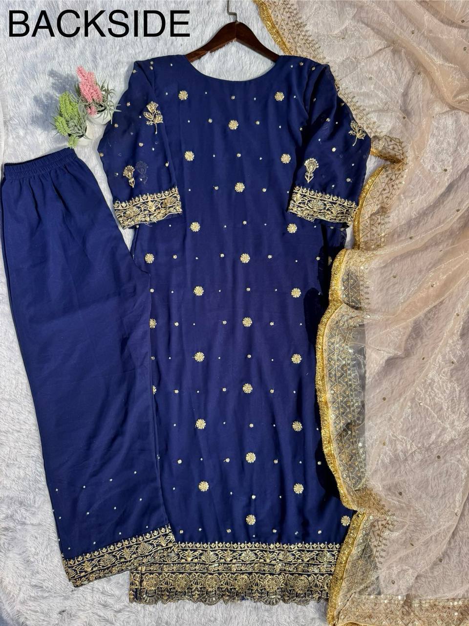 FANCY FAUX GEORGETTE WITH SEQUENCE EMBROIDERED AND ORIGINAL MOTTI HANDMADE WORK TOP AND PENT WITH DUPATTA