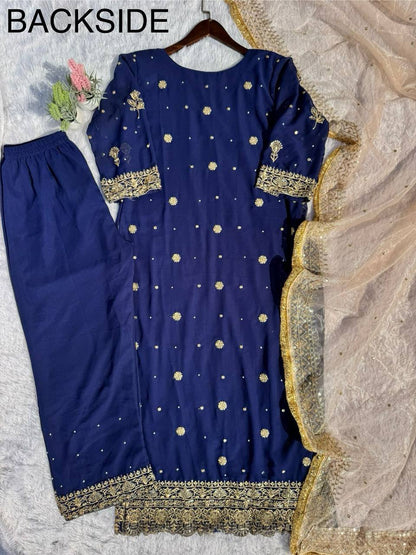FANCY FAUX GEORGETTE WITH SEQUENCE EMBROIDERED AND ORIGINAL MOTTI HANDMADE WORK TOP AND PENT WITH DUPATTA