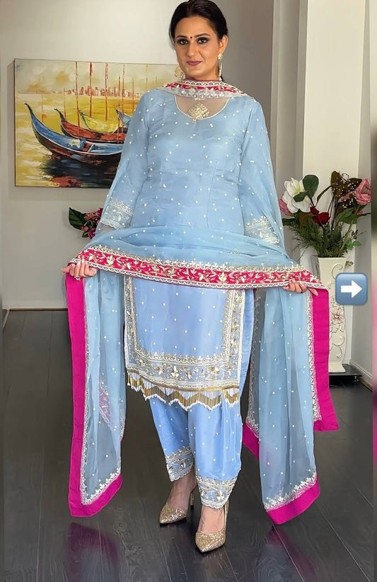 DESIGNER HEAVY DIAMOND  GEORGETTE  EMBROIDERED SEQUENCE WORK WITH FANCY TOP-FARSHI PLAZZO DUPATTA SET