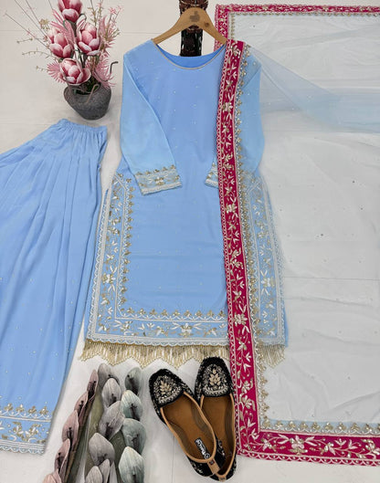 DESIGNER HEAVY DIAMOND  GEORGETTE  EMBROIDERED SEQUENCE WORK WITH FANCY TOP-FARSHI PLAZZO DUPATTA SET