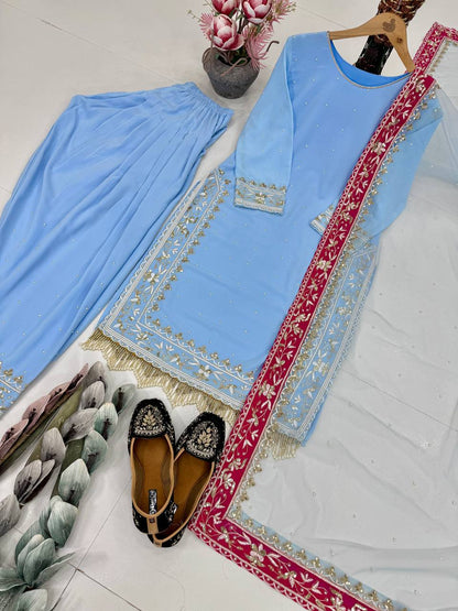 DESIGNER HEAVY DIAMOND  GEORGETTE  EMBROIDERED SEQUENCE WORK WITH FANCY TOP-FARSHI PLAZZO DUPATTA SET