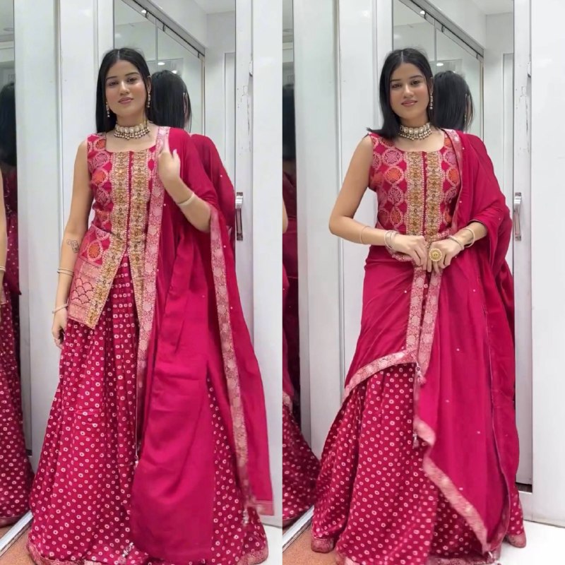 3 PIECE TOP, LEHENGA & DUPATTA SET WITH EMBROIDERY WORK ON CHINON FABRIC