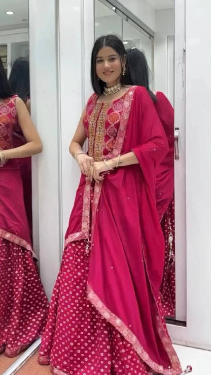 3 PIECE TOP, LEHENGA & DUPATTA SET WITH EMBROIDERY WORK ON CHINON FABRIC