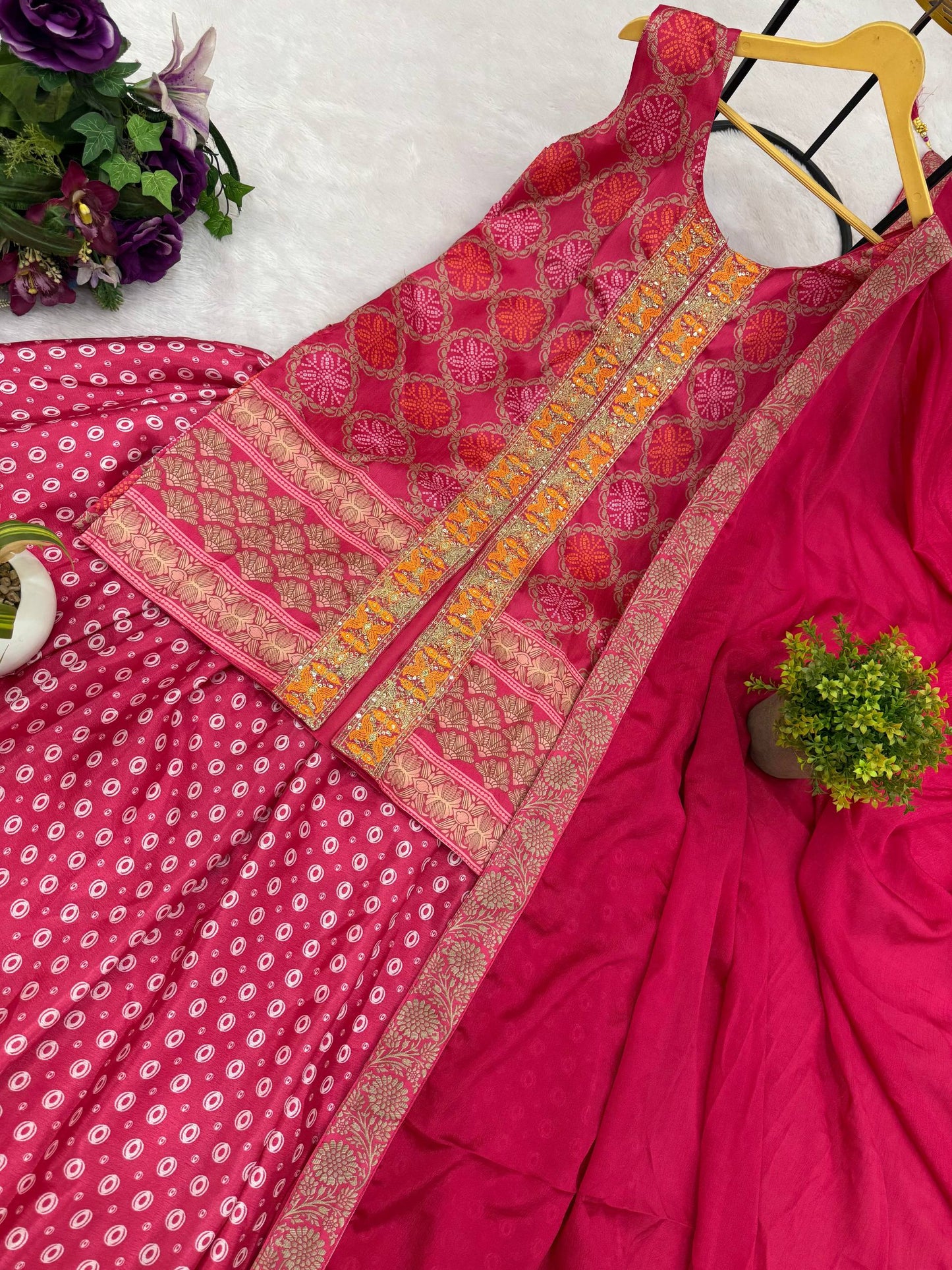 3 PIECE TOP, LEHENGA & DUPATTA SET WITH EMBROIDERY WORK ON CHINON FABRIC