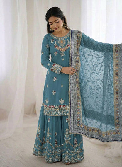 New Designer Party Wear Look Top-Plazzo and Dupatta With Heavy Embroidery Work