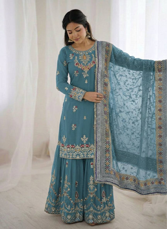 New Designer Party Wear Look Top-Plazzo and Dupatta With Heavy Embroidery Work