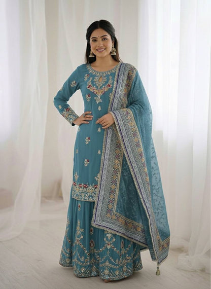 New Designer Party Wear Look Top-Plazzo and Dupatta With Heavy Embroidery Work