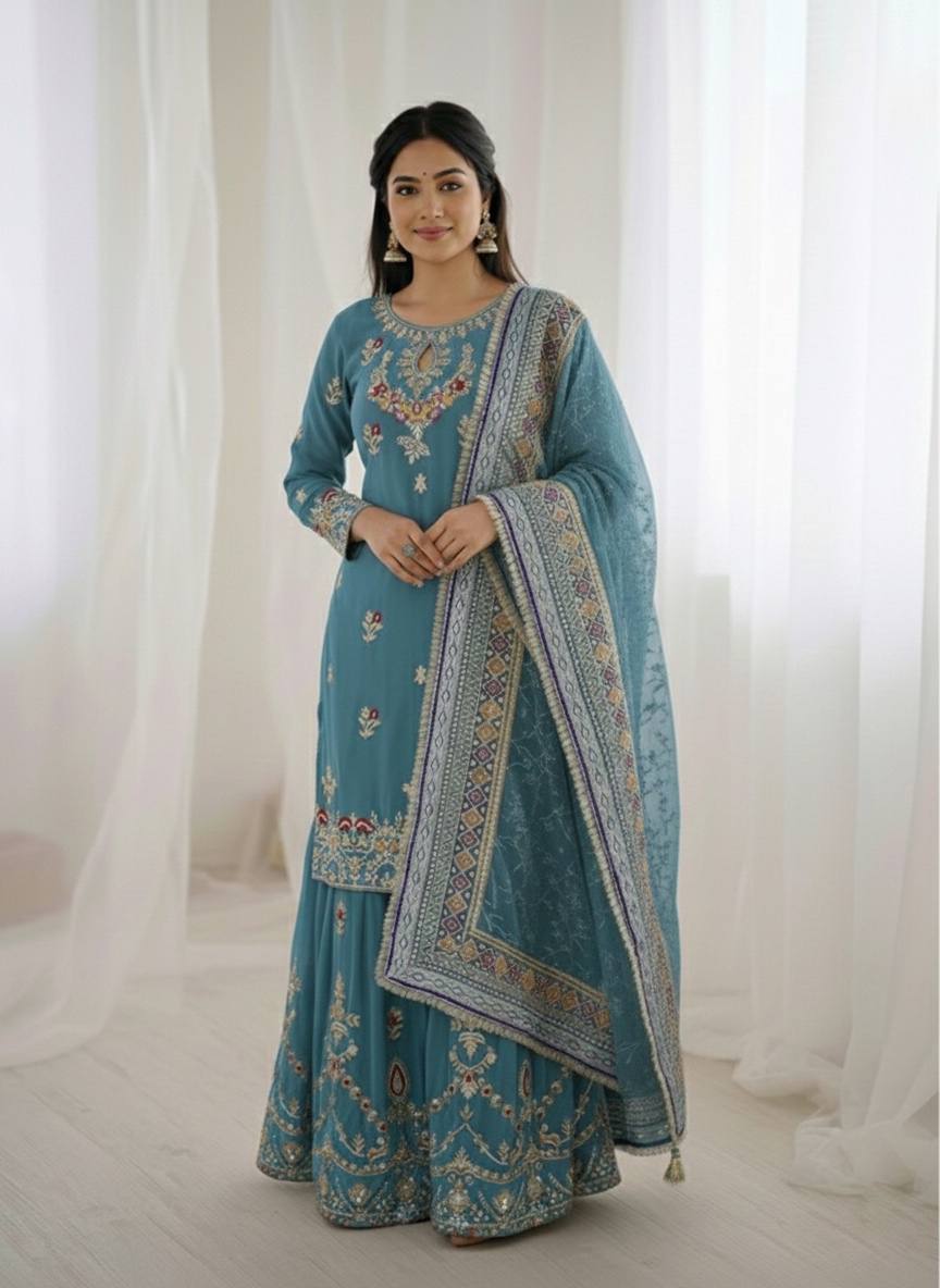 New Designer Party Wear Look Top-Plazzo and Dupatta With Heavy Embroidery Work