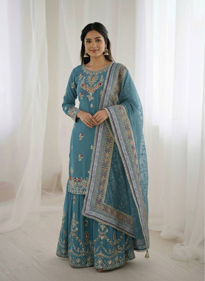 New Designer Party Wear Look Top-Plazzo and Dupatta With Heavy Embroidery Work
