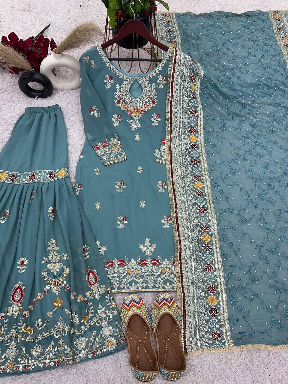 New Designer Party Wear Look Top-Plazzo and Dupatta With Heavy Embroidery Work